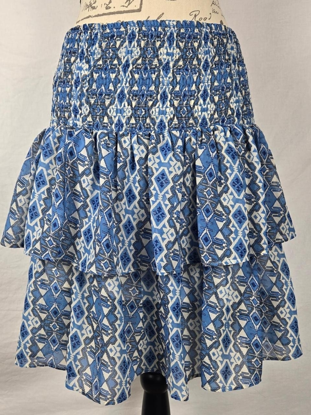Blue Ikat Print Smocked Waist Tiered Ruffle Mini Skirt Large Boho Chiffon